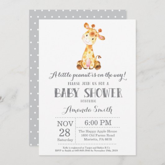 Giraffe Baby shower Invitation Gris (Devant / Derrière)
