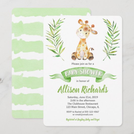 Giraffe baby shower invitation sans sexe (Devant / Derrière)
