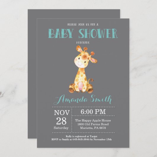 Giraffe Baby shower Uitnodiging Aqua en Gray (Voorkant / Achterkant)