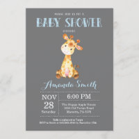 Giraffe Baby shower Uitnodiging blauw en grijs