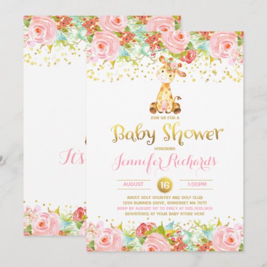 Giraffe Baby shower Uitnodiging Floral Pink & Gold (Voorkant / Achterkant)
