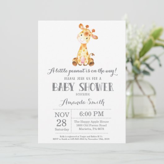 Giraffe Baby shower Uitnodiging Geel en grijs (Staand voorkant)