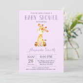 Giraffe Baby shower Uitnodiging Paars en grijs (Staand voorkant)