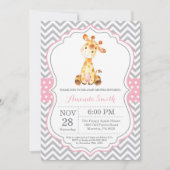 Giraffe Baby shower Uitnodiging Roze en Grijs (Voorkant)
