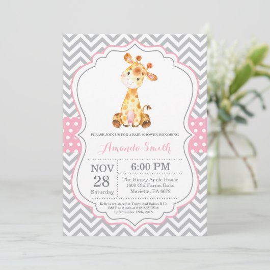Giraffe Baby shower Uitnodiging Roze en Grijs (Staand voorkant)