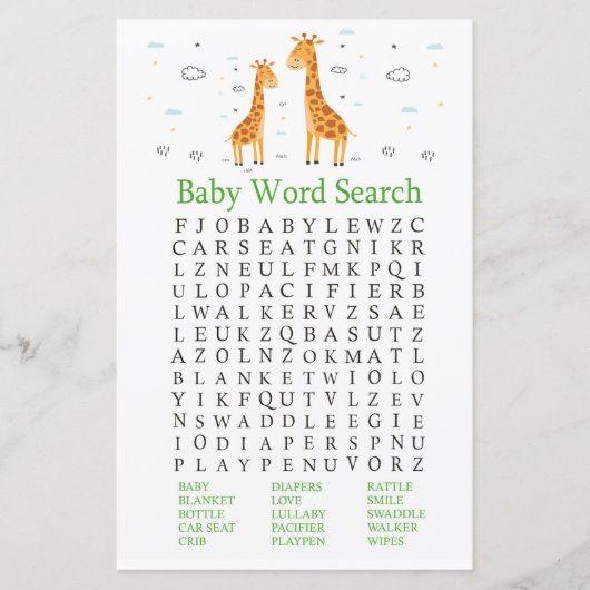 Giraffe Baby shower Word Search Game (Voorkant)