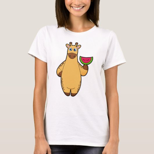 Giraffe bij Eten met Watermeloen T-shirt (Voorkant)