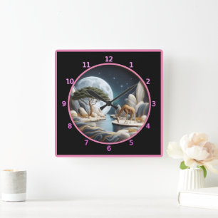 Giraffe bij maanverlicht water in Afrika Vierkante Klok