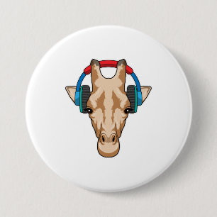 Giraffe bij Muziek met hoofdtelefoon Ronde Button 7,6 Cm