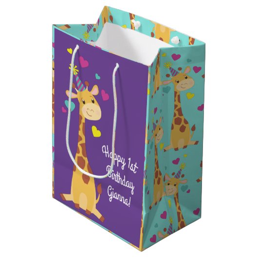 Giraffe Birthday Party Medium Cadeauzakje (Voorkant Gekanteld)