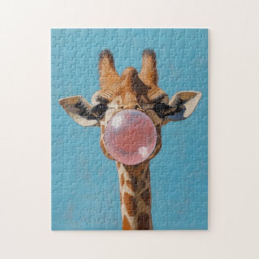 Giraffe blaast roze bubbelsteen legpuzzel (Verticaal)