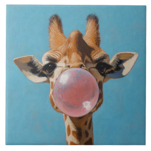 Giraffe Blaast Roze Kauwgom Bubbel Tegeltje