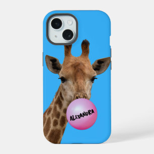 Giraffe blazen kauwgom bubbel iPhone 15 hoesje