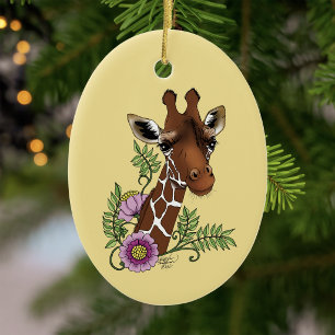 Giraffe Bloemen Geel Schattig Wilde Dieren Keramisch Ornament