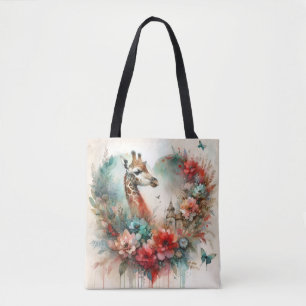 Giraffe Bloemenschildering Aquarel Bloemen Safari Draagtas