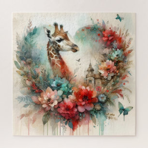Giraffe Bloemenschildering Aquarel Bloemen Safari Legpuzzel