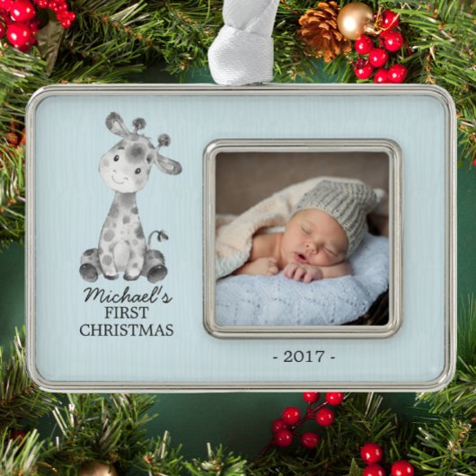 Giraffe Boys Baby's Eerste Kerstmis Foto Ornament