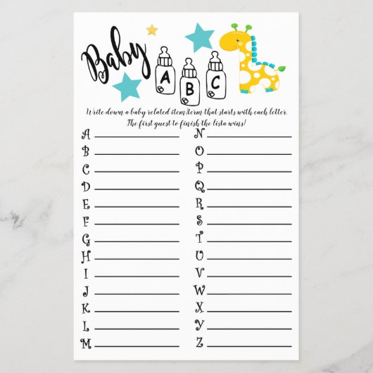 GIRAFFE COLORFUL ABC BABY SHOWER GAME KAART (Voorkant)
