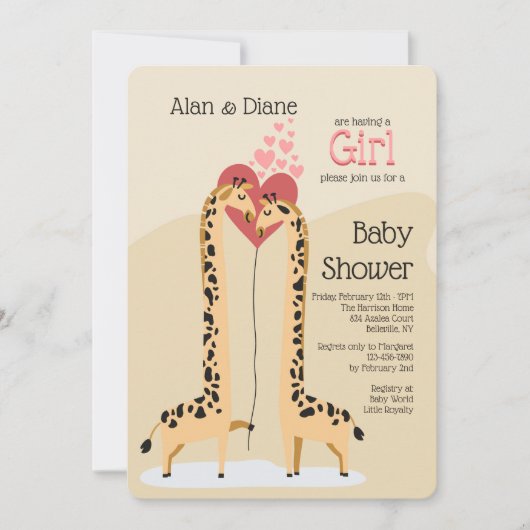 Giraffe Couple Girl Baby shower Uitnodiging (Voorkant)