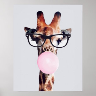 Giraffe draagt een bril en blaast roze kauwgom bub poster