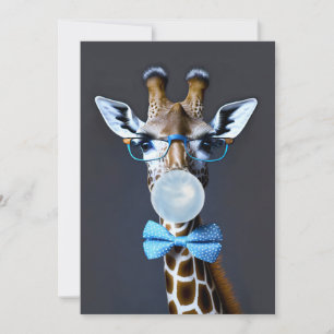 Giraffe draagt een bril, vlinderdas blaast blauwe bedankkaart