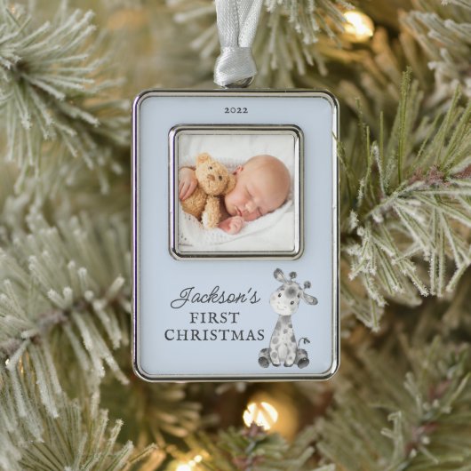 Giraffe Eerste Kerstfeest Kerstmis Verzilverd Kader Ornament (Boom)