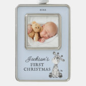 Giraffe Eerste Kerstfeest Kerstmis Verzilverd Kader Ornament (Voorkant)