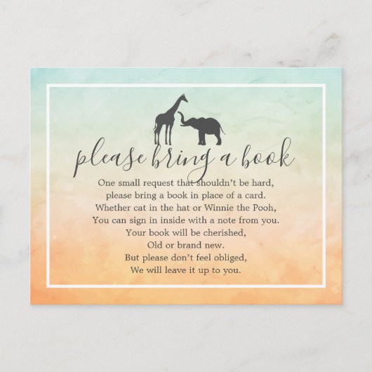 Giraffe Elephant Baby shower Book Insert Request Uitnodiging Briefkaart (Voorkant)