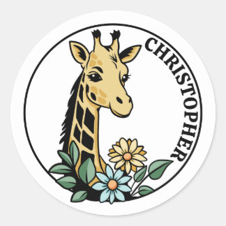 Giraffe en Bloemen Aangepaste Naam Ronde Sticker