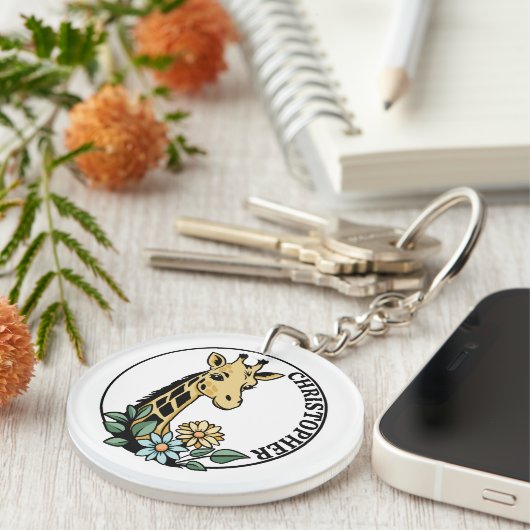 Giraffe en Bloemen Aangepaste naam Sleutelhanger (Voorkant Rechts)