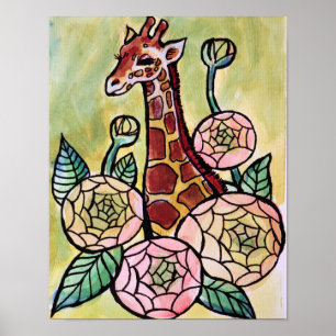 Giraffe en Bloemen Giraffes illustratie Bloemen Poster