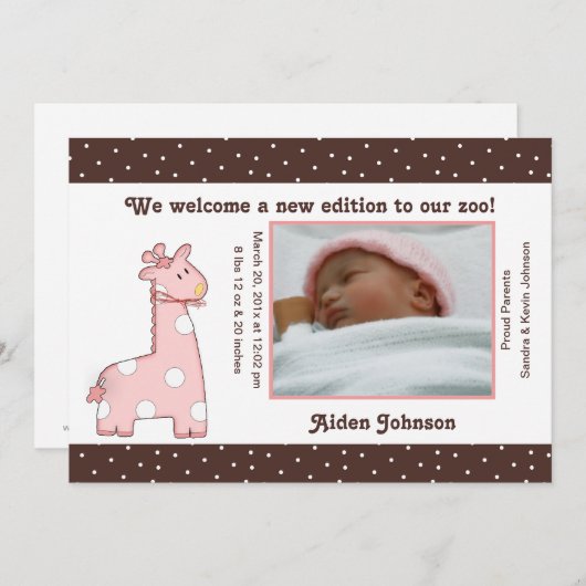 Giraffe Faire-part de naissance (rose) (Devant / Derrière)