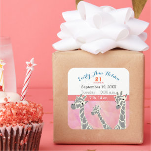 Giraffe Familie baby meisje Geboortedatum geboorte Vierkante Sticker