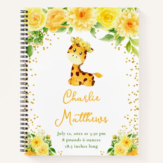 Giraffe Gele Bloem Geboorte Statistieken Notitieboek (Voorkant)