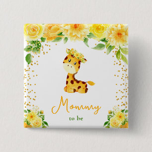 Giraffe Gele Bloemen Moeder To Be Vierkante Button 5,1 Cm