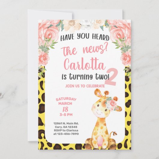 Giraffe girl 2nd, invitation de deuxième anniversa (Devant)