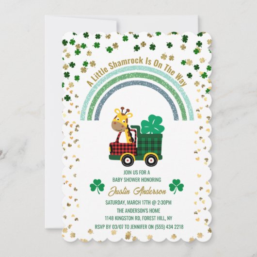 Giraffe Gold Leprechaun Clover Rainbow Baby shower Kaart (Voorkant)
