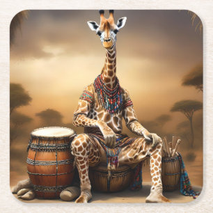 Giraffe Grooves: Een Bongo Serenade in de Savanne, Vierkante Kartonnen Onderzetter