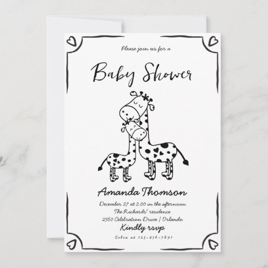 Giraffe handgetekende babyshower kaart (Voorkant)
