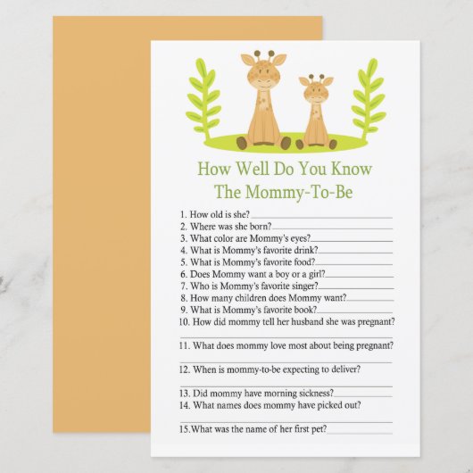 Giraffe Hoe goed ken je het baby shower spel? (Voorkant / Achterkant)