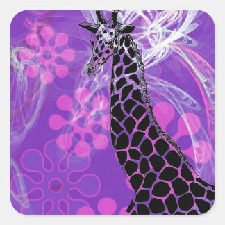 Giraffe II à fleurs violettes ~ Sticker Carré