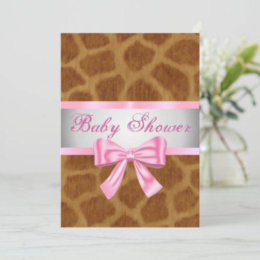 Giraffe Imprimer Bow Baby shower rose Invitation (Debout devant)