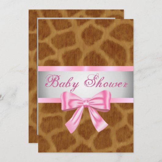 Giraffe Imprimer Bow Baby shower rose Invitation (Devant / Derrière)