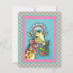 GIRAFFE IN CUTE EASTER BONNET, EGG BASKET Flat Feestdagenkaart