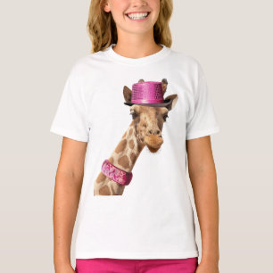 Giraffe in een sprankelend roze pet t-shirt