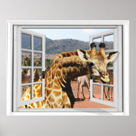 Giraffe in Fake Window Uitzicht Trompe l'oeil Effe Poster
