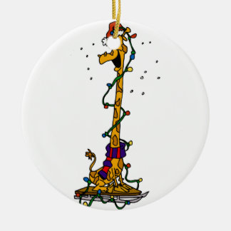 Giraffe in licht op slede keramisch ornament