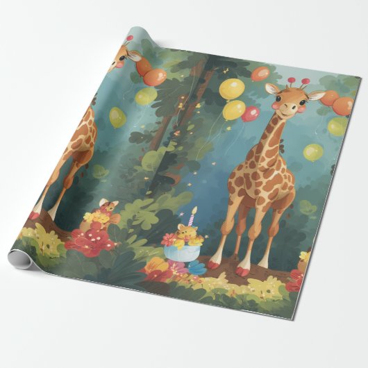 Giraffe in Oerwoud met taart | Inpakpapier (Uitgerold)