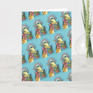 GIRAFFE IN SNELLE SPRINGEMAKERE BONNET, EGG BASKET FEESTDAGEN KAART