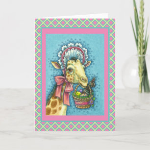 GIRAFFE IN SNELLE SPRINGEMAKERE BONNET, EGG BASKET FEESTDAGEN KAART
